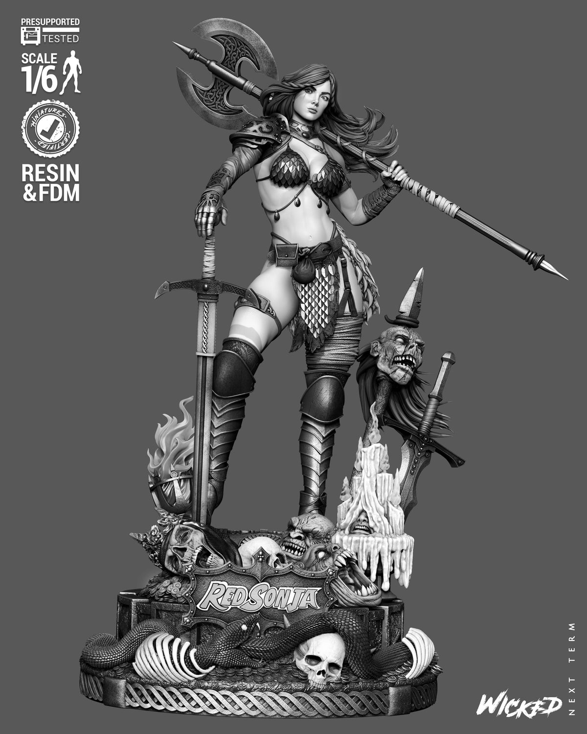 Sculpture Red Sonja (75 mm à 500 mm) - Non assemblée/Non peinte/Impression 3D