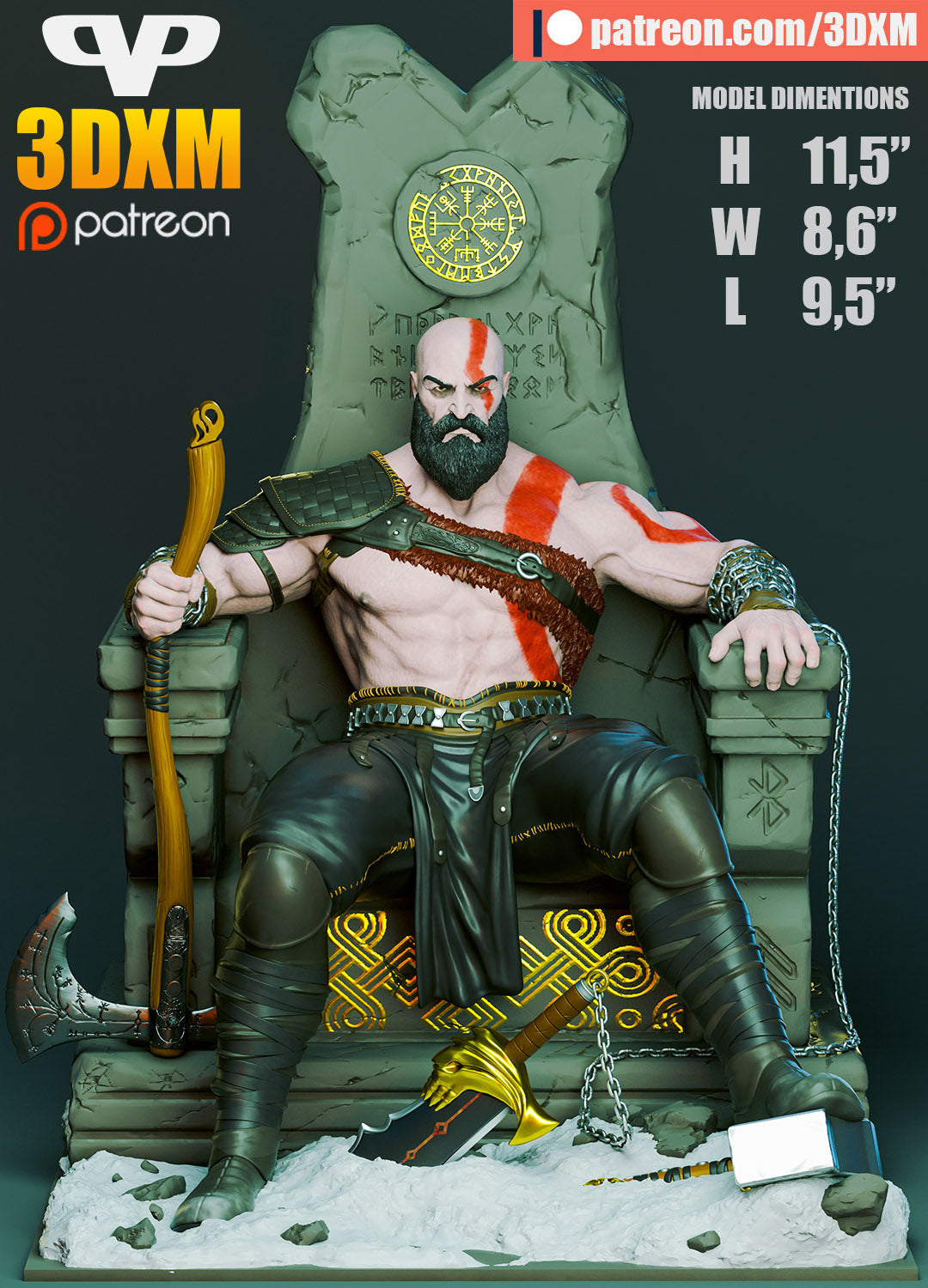 Kratos on Throne - Dungeons and Dragons - by 3DXM - Tabletop RPG Miniature - Roleplaying 3D Printed Fantasy Mini