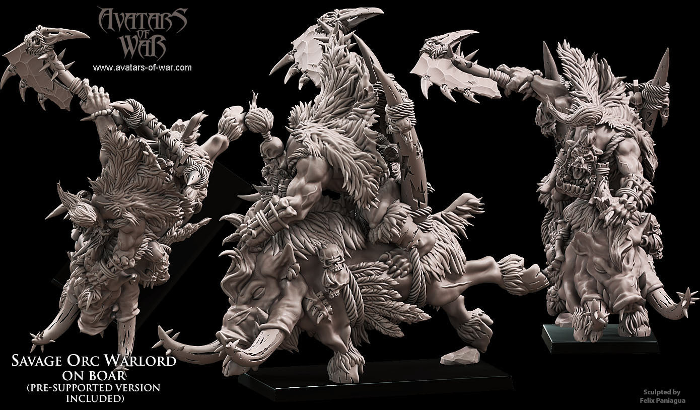 Savage Orc Warlord on Boar - by Avatars of War - Tabletop RPG Miniature - Roleplaying 3D Printed Fantasy Mini