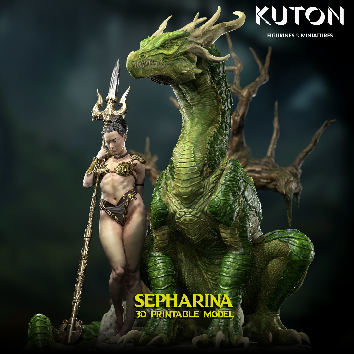 Sepharina with pet Dragon - Dungeons and Dragons - by Kuton - Tabletop RPG Miniature - Roleplaying 3D Printed Fantasy Mini
