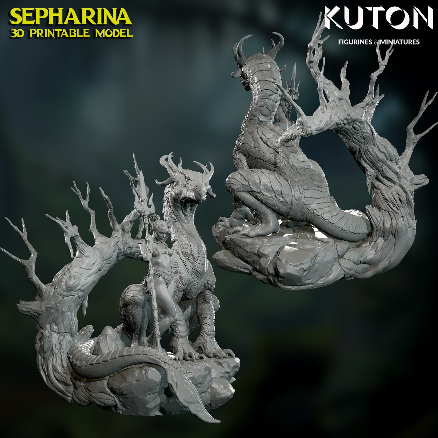 Sepharina with pet Dragon - Dungeons and Dragons - by Kuton - Tabletop RPG Miniature - Roleplaying 3D Printed Fantasy Mini