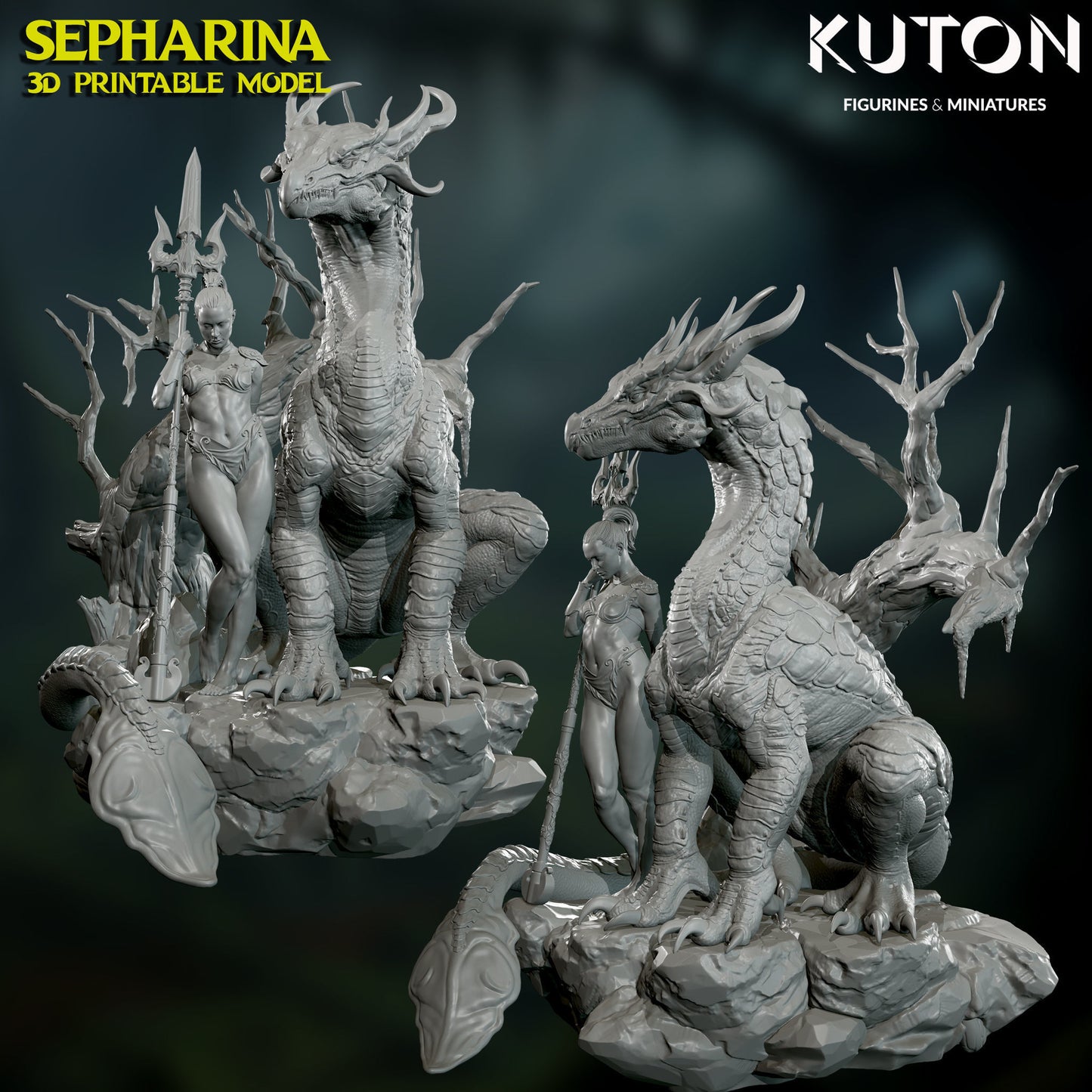 Sepharina with pet Dragon - Dungeons and Dragons - by Kuton - Tabletop RPG Miniature - Roleplaying 3D Printed Fantasy Mini