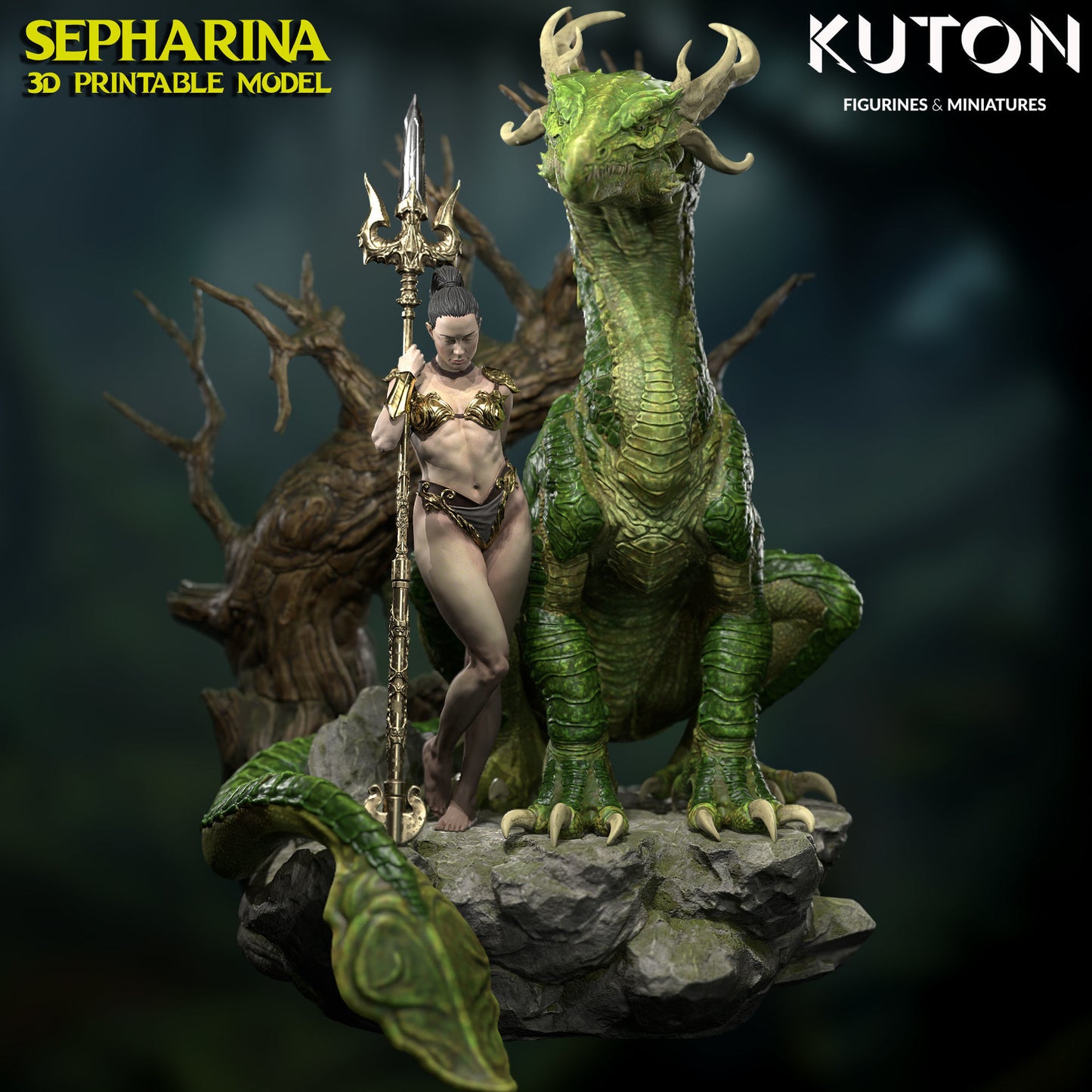 Sepharina with pet Dragon - Dungeons and Dragons - by Kuton - Tabletop RPG Miniature - Roleplaying 3D Printed Fantasy Mini