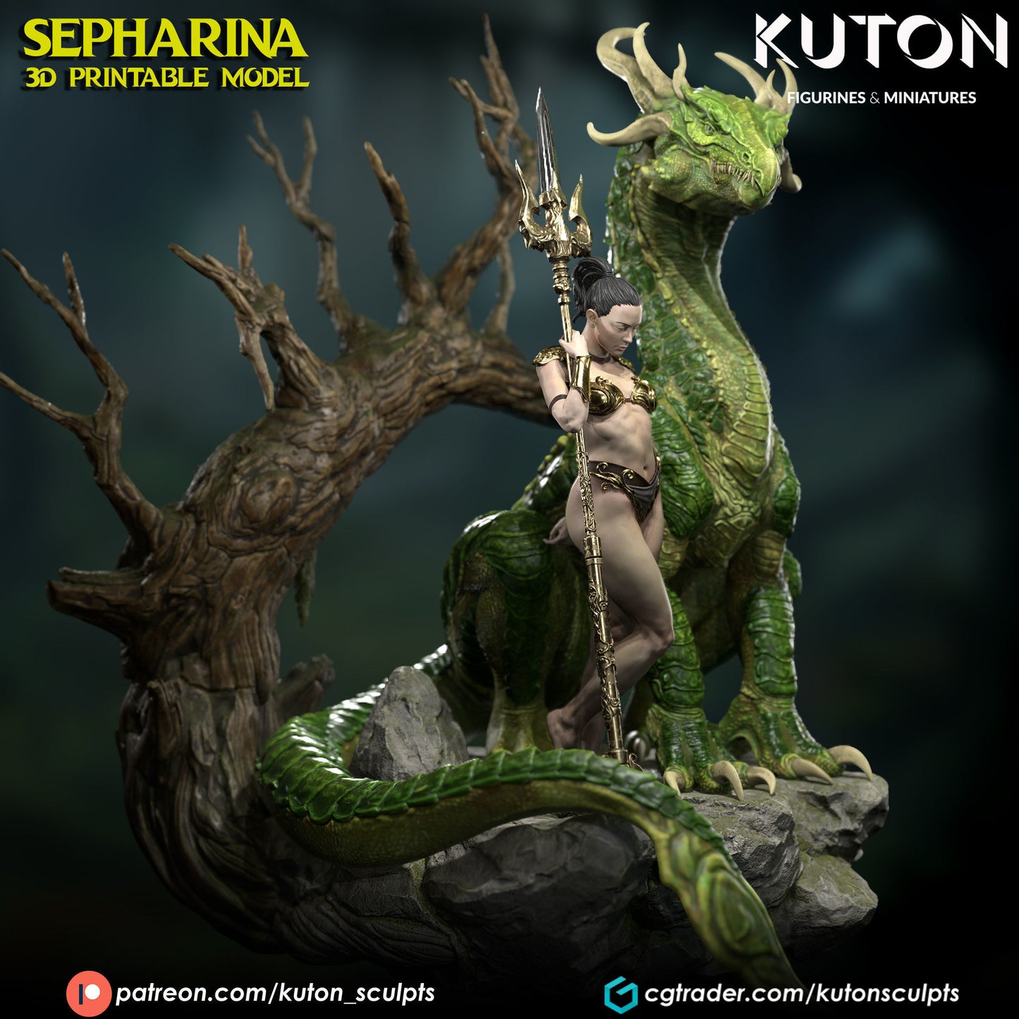 Sepharina with pet Dragon - Dungeons and Dragons - by Kuton - Tabletop RPG Miniature - Roleplaying 3D Printed Fantasy Mini