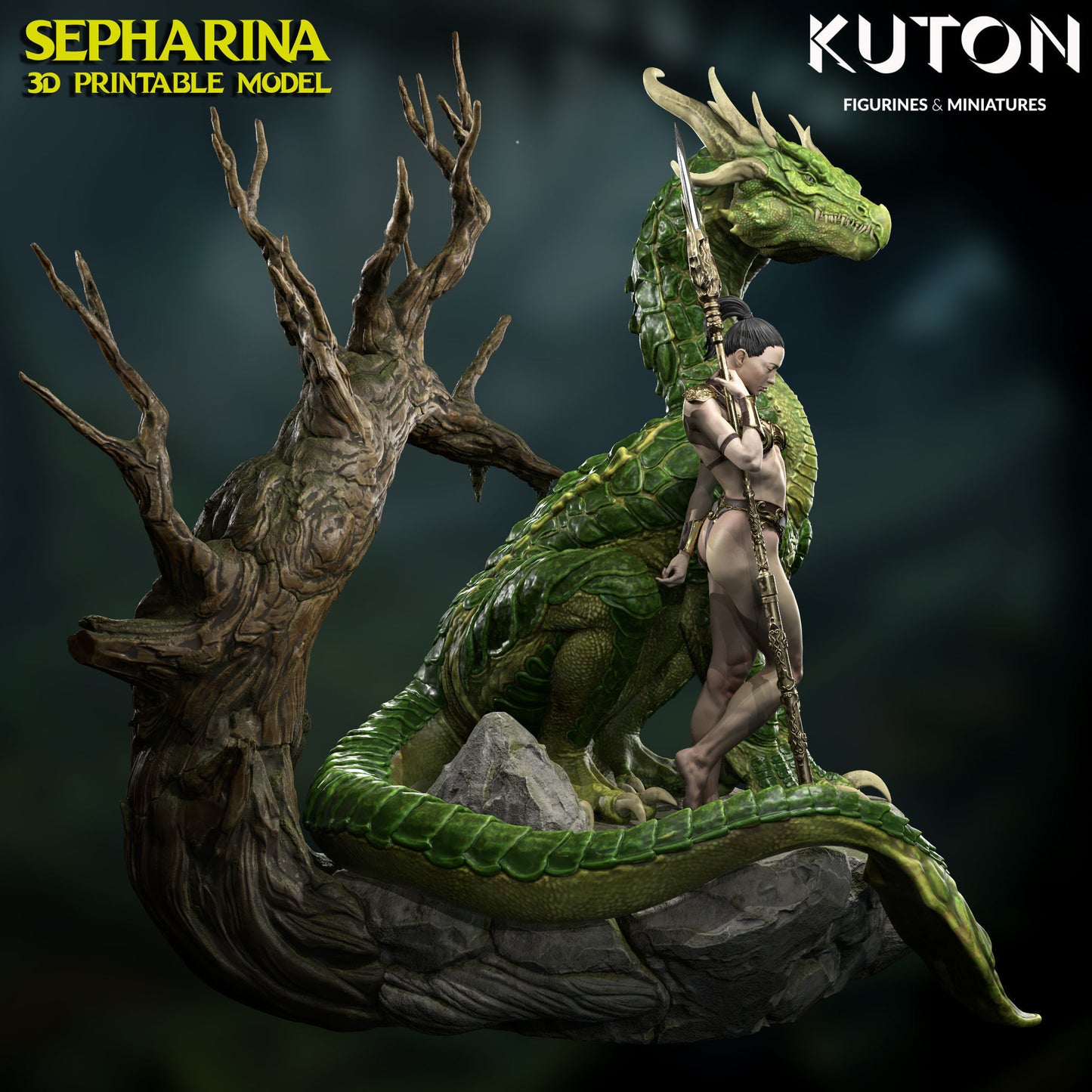 Sepharina with pet Dragon - Dungeons and Dragons - by Kuton - Tabletop RPG Miniature - Roleplaying 3D Printed Fantasy Mini
