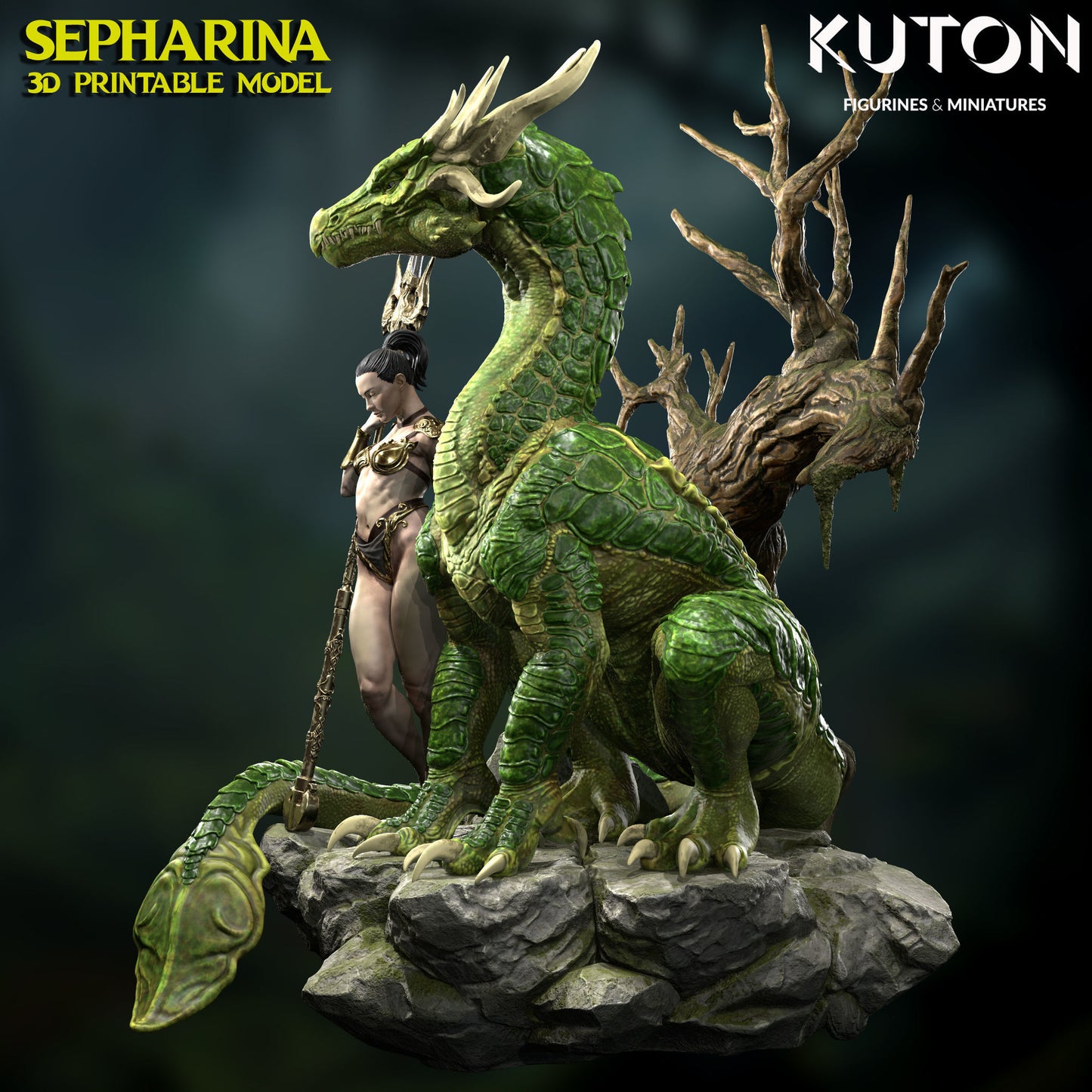 Sepharina with pet Dragon - Dungeons and Dragons - by Kuton - Tabletop RPG Miniature - Roleplaying 3D Printed Fantasy Mini