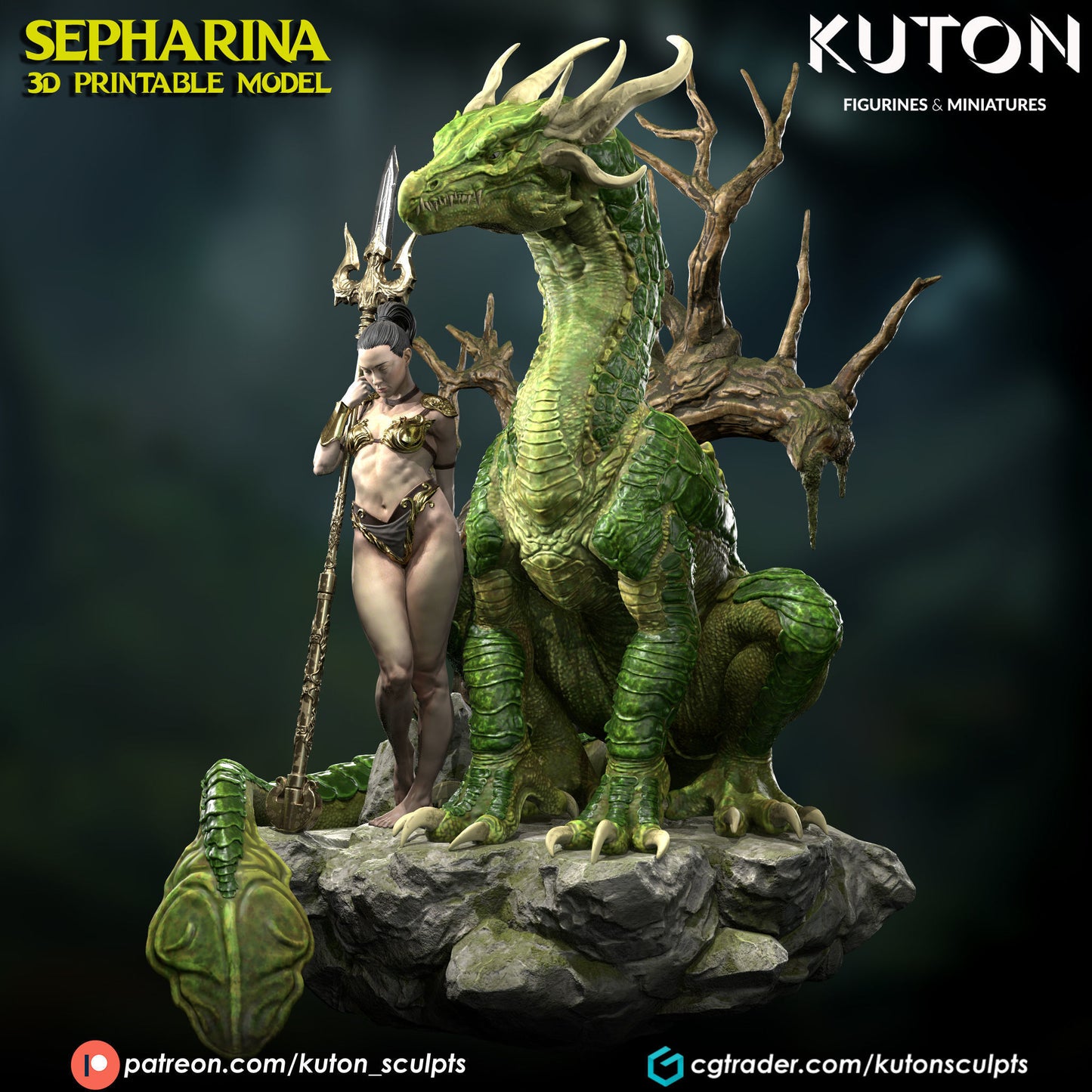 Sepharina with pet Dragon - Dungeons and Dragons - by Kuton - Tabletop RPG Miniature - Roleplaying 3D Printed Fantasy Mini