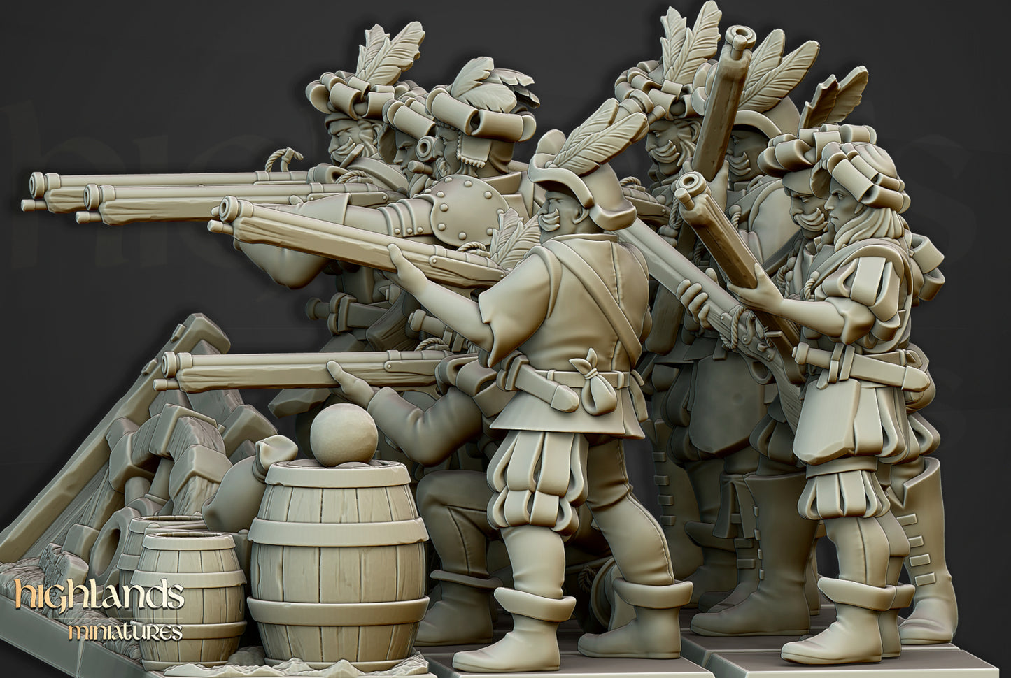 The Arquebusiers Unit - by Highland Miniatures- Tabletop RPG Miniature - Roleplaying 3D Printed Fantasy Mini