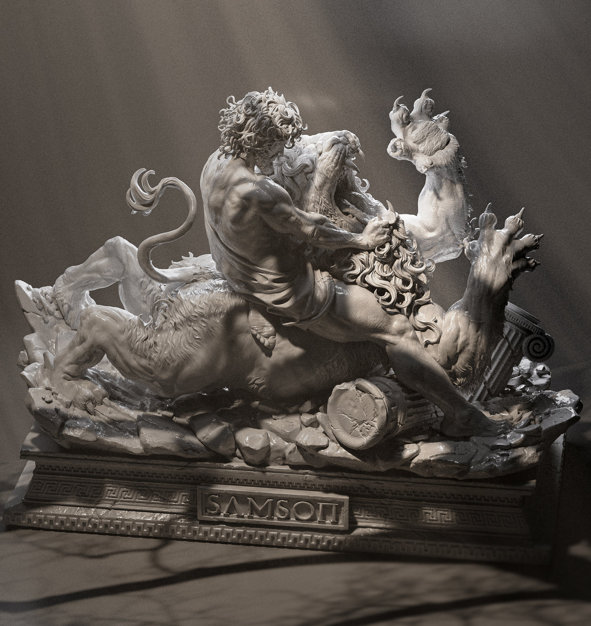 Samson vs. the Lion Sculpture (75mm to 500mm) - Unassembled/Unpainted/3D Print