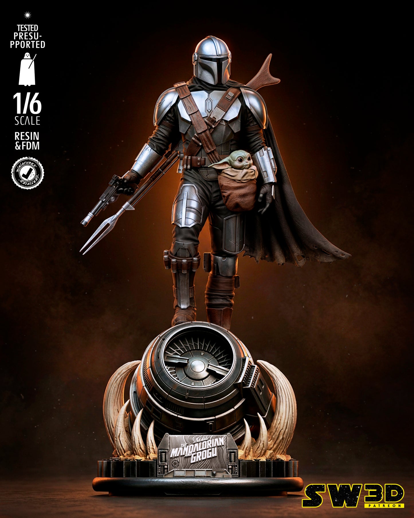 Mandalorian and Grogu Sculpture (75mm to 500mm) - Unassembled/Unpainted/3D Print