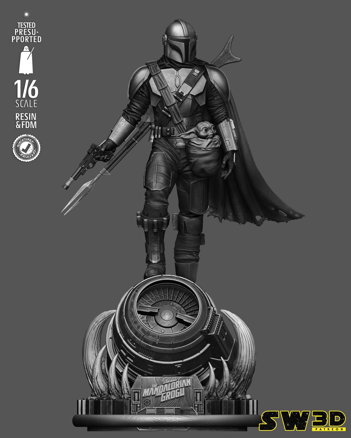 Mandalorian and Grogu Sculpture (75mm to 500mm) - Unassembled/Unpainted/3D Print