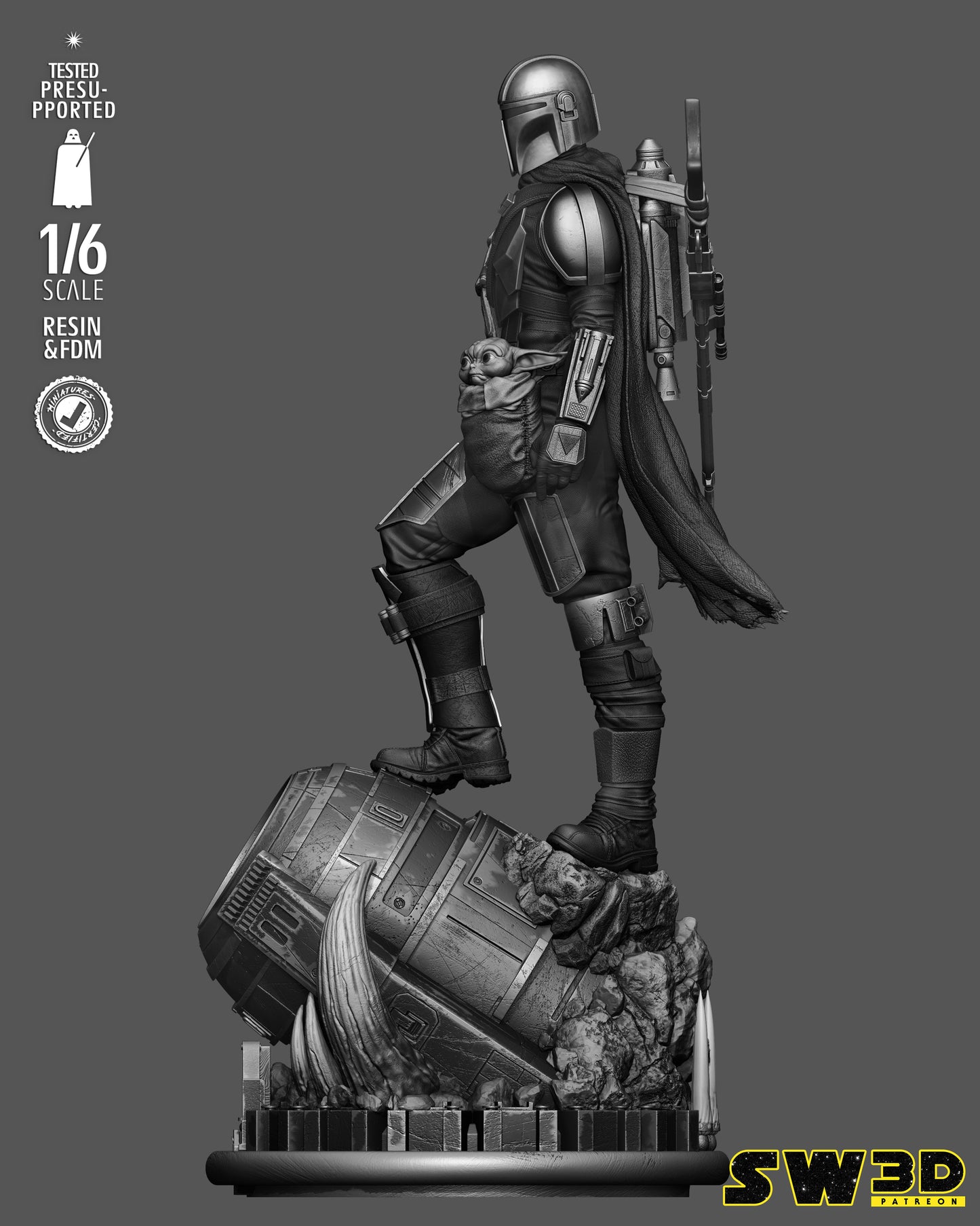 Mandalorian and Grogu Sculpture (75mm to 500mm) - Unassembled/Unpainted/3D Print