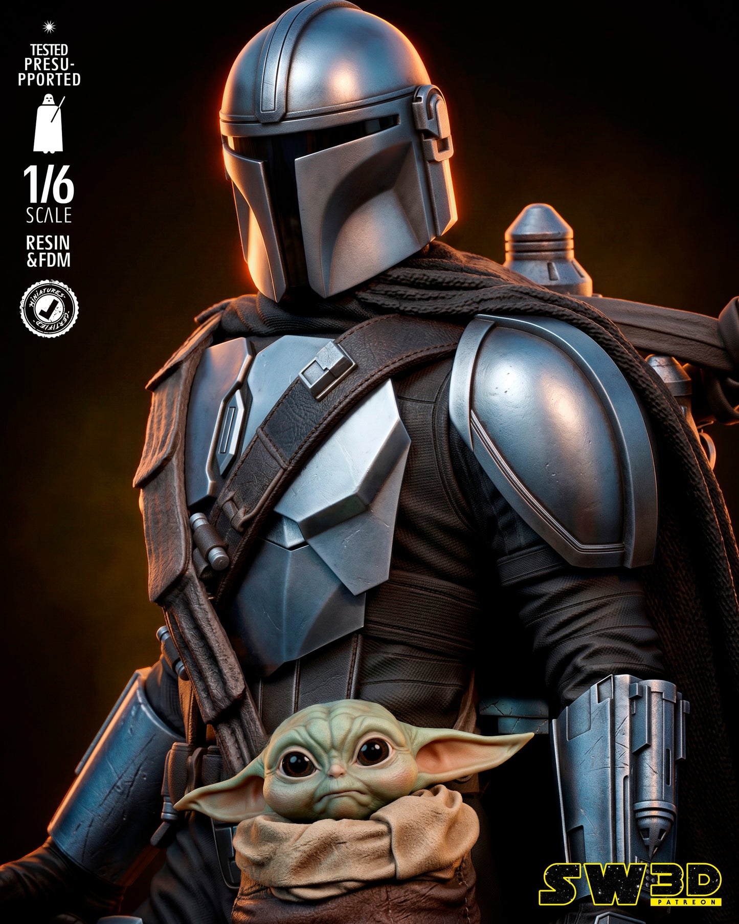 Mandalorian and Grogu Sculpture (75mm to 500mm) - Unassembled/Unpainted/3D Print