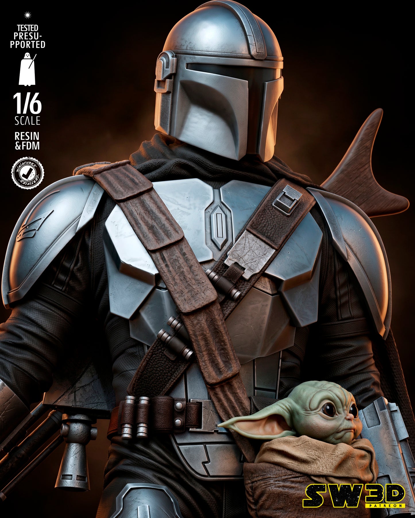 Mandalorian and Grogu Sculpture (75mm to 500mm) - Unassembled/Unpainted/3D Print