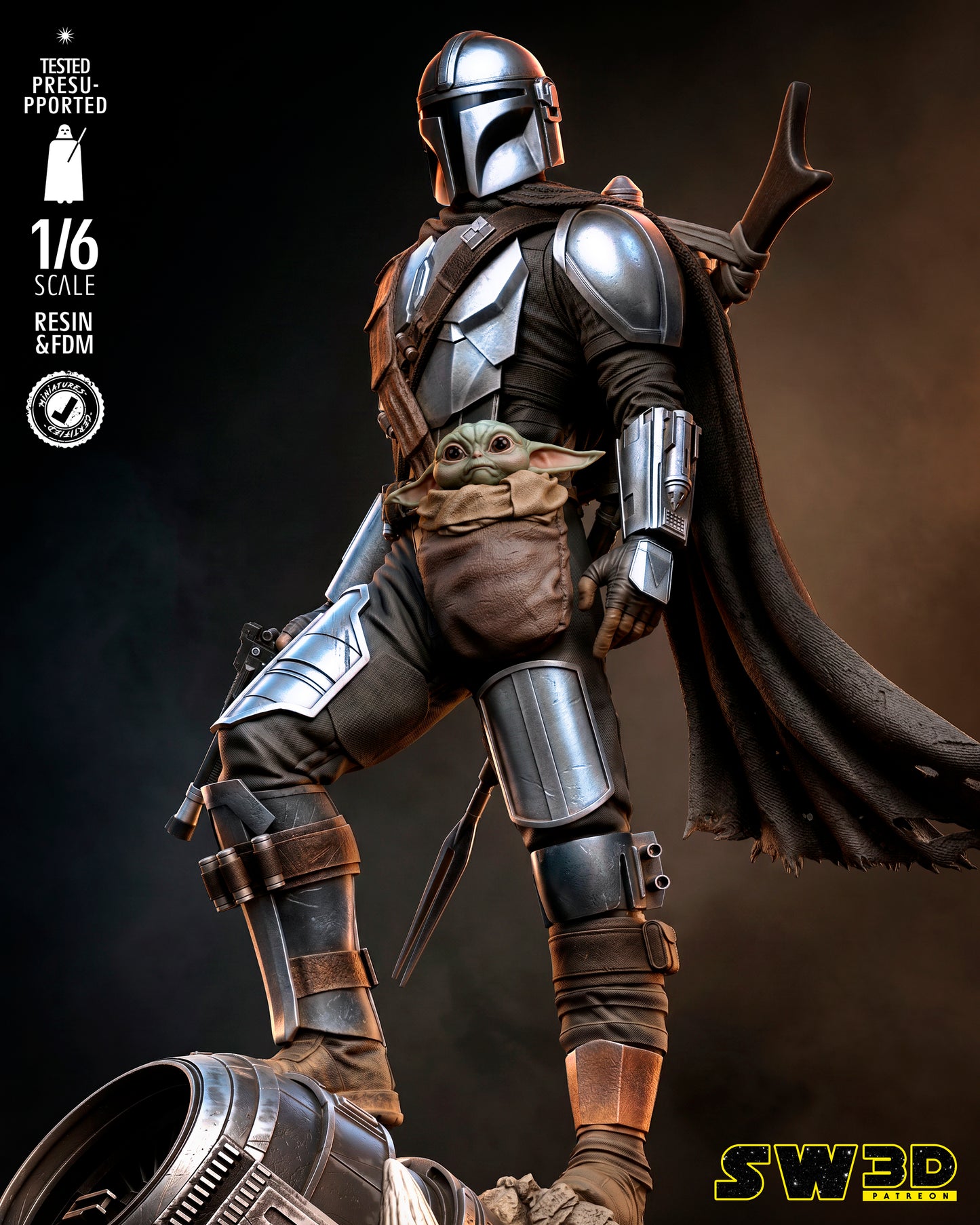 Mandalorian and Grogu Sculpture (75mm to 500mm) - Unassembled/Unpainted/3D Print