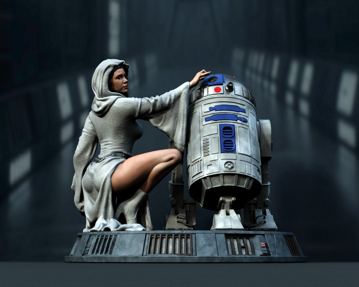 Sculpture de la princesse Leia et R2D2 (75 mm à 500 mm) - Non assemblé/Non peint/Impression 3D