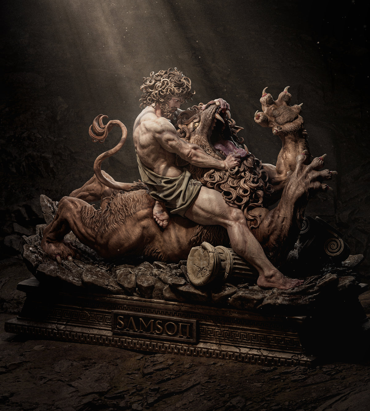 Samson vs. the Lion Sculpture (75mm to 500mm) - Unassembled/Unpainted/3D Print