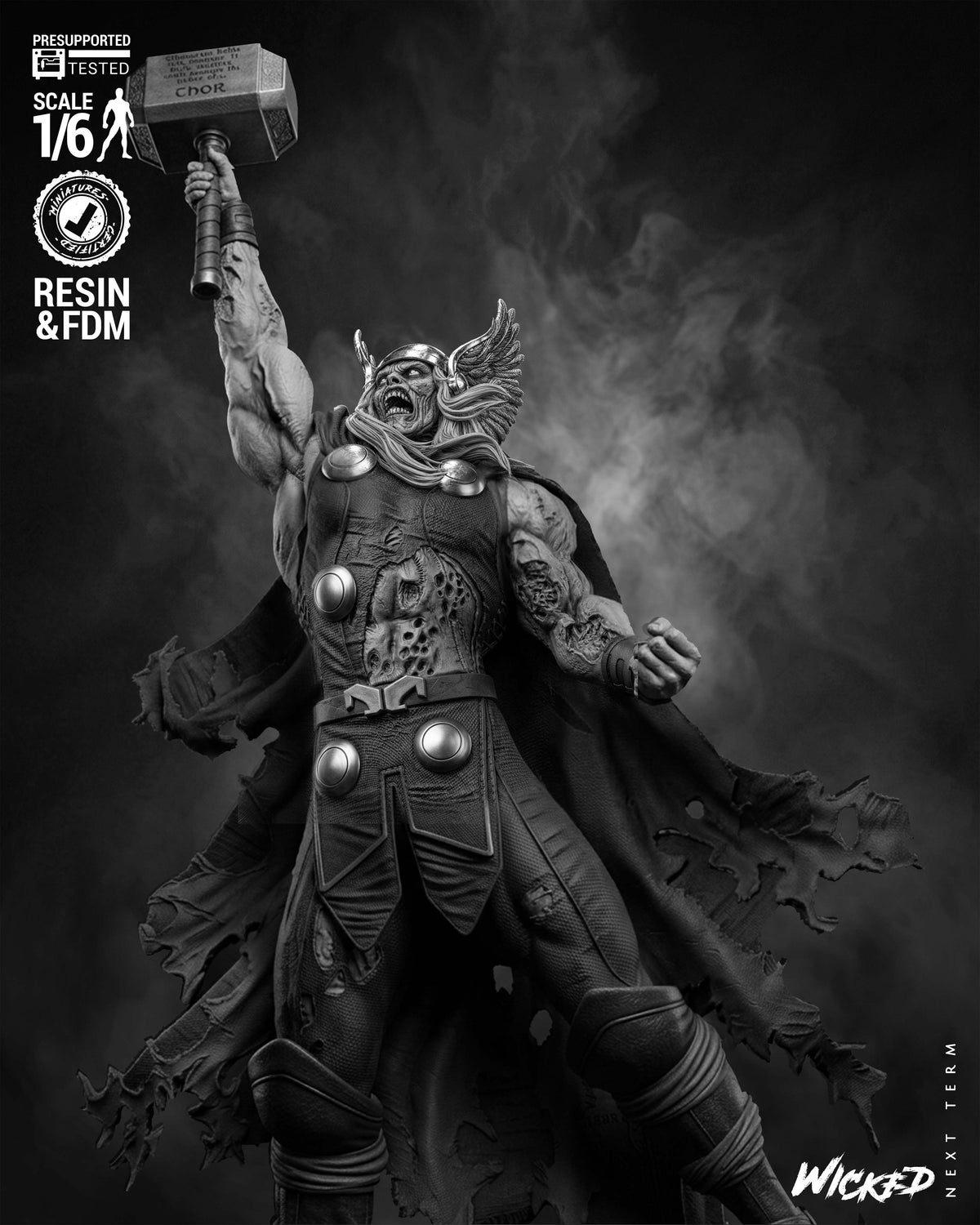 Zombie Thor Sculpture (75mm to 500mm) - Unassembled/Unpainted/3D Print