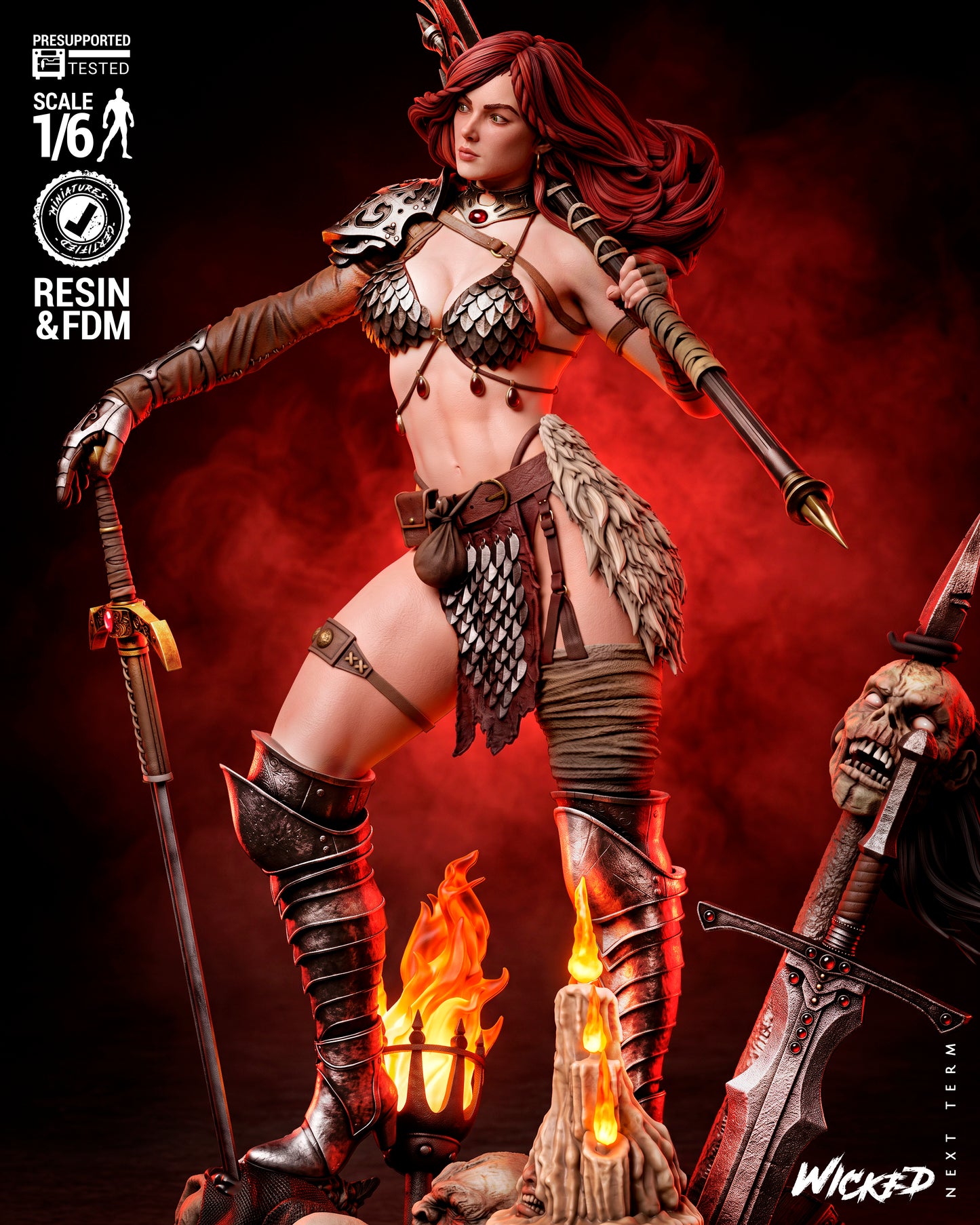 Red Sonja Sculpture (75mm to 500mm) - Unassembled/Unpainted/3D Print
