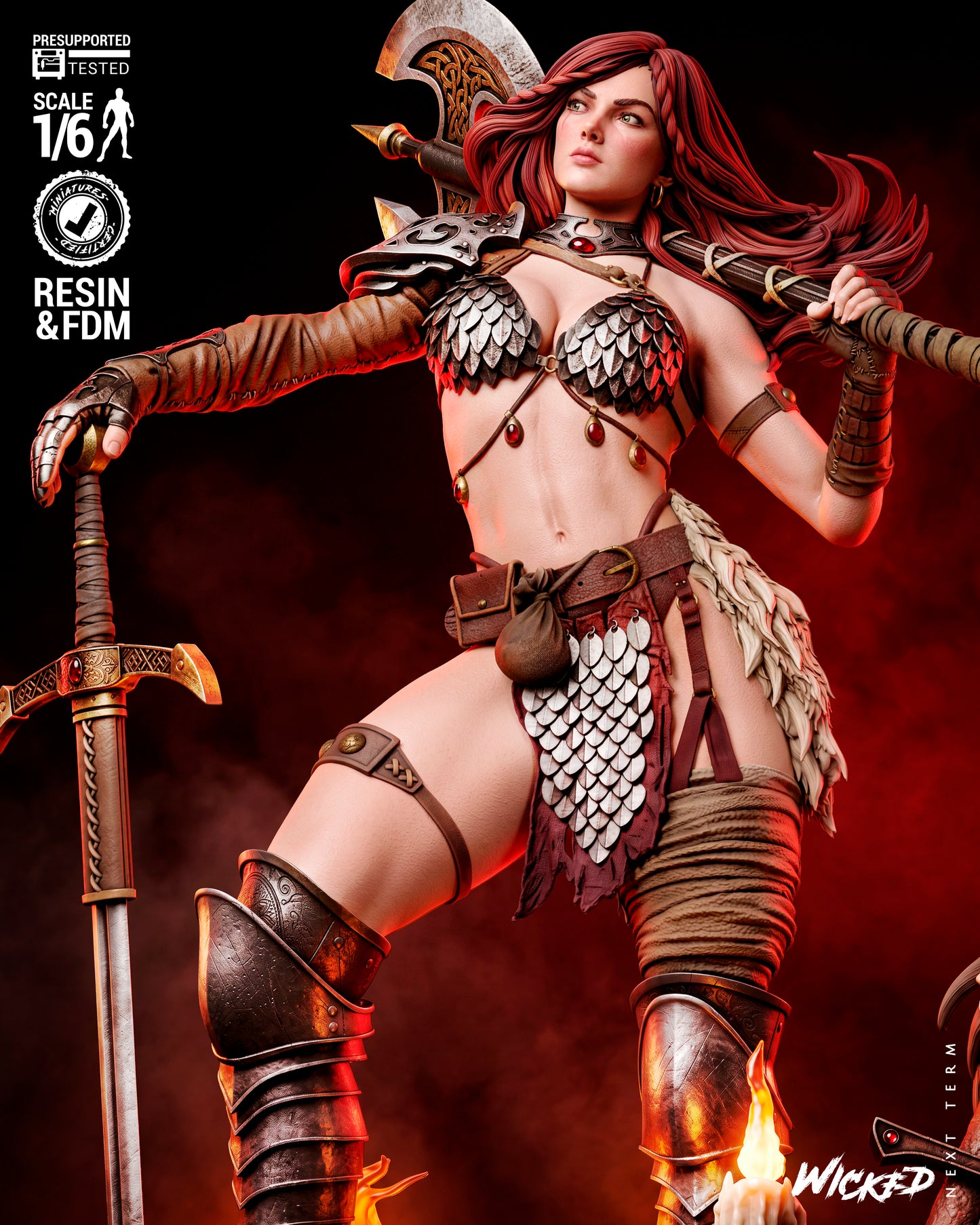 Red Sonja Sculpture (75mm to 500mm) - Unassembled/Unpainted/3D Print