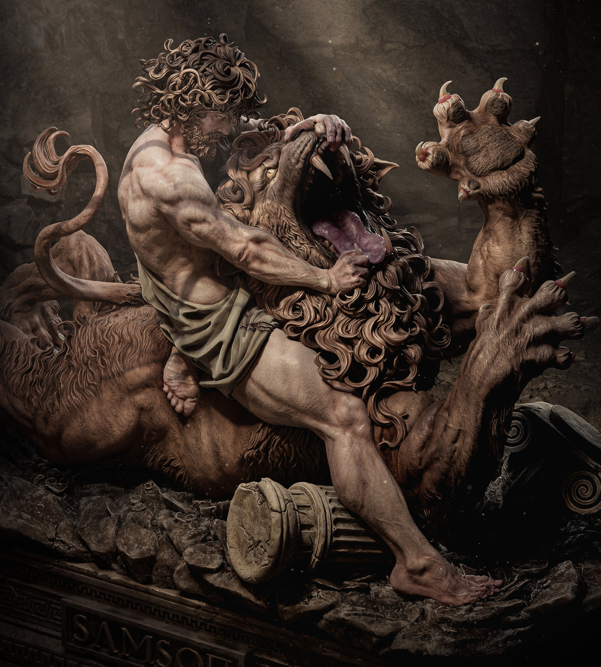 Samson vs. the Lion Sculpture (75mm to 500mm) - Unassembled/Unpainted/3D Print