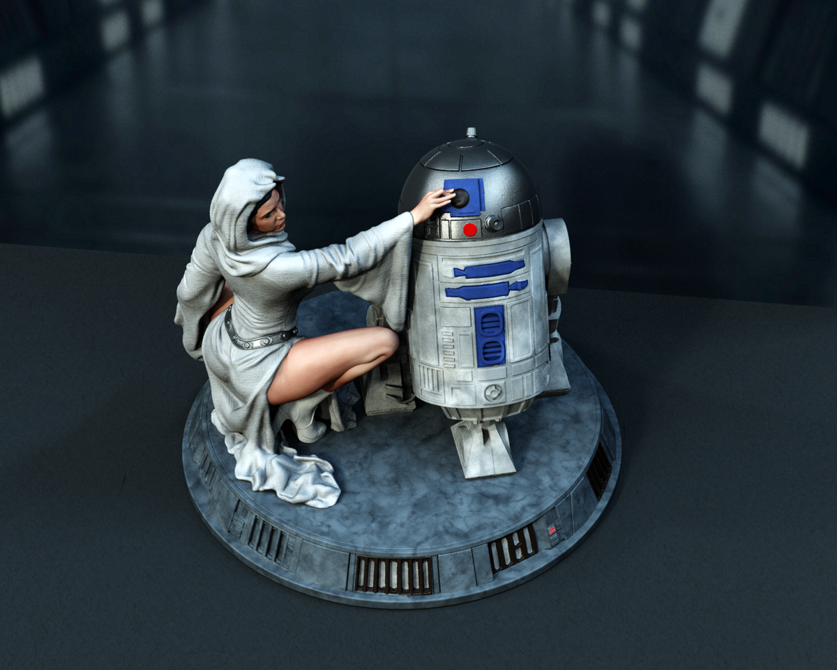 Sculpture de la princesse Leia et R2D2 (75 mm à 500 mm) - Non assemblé/Non peint/Impression 3D