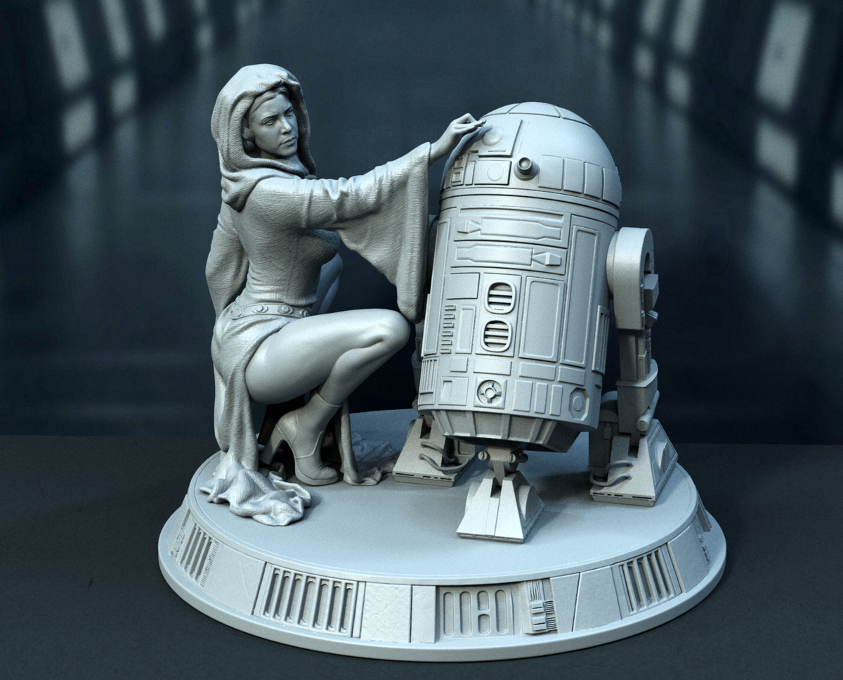 Sculpture de la princesse Leia et R2D2 (75 mm à 500 mm) - Non assemblé/Non peint/Impression 3D