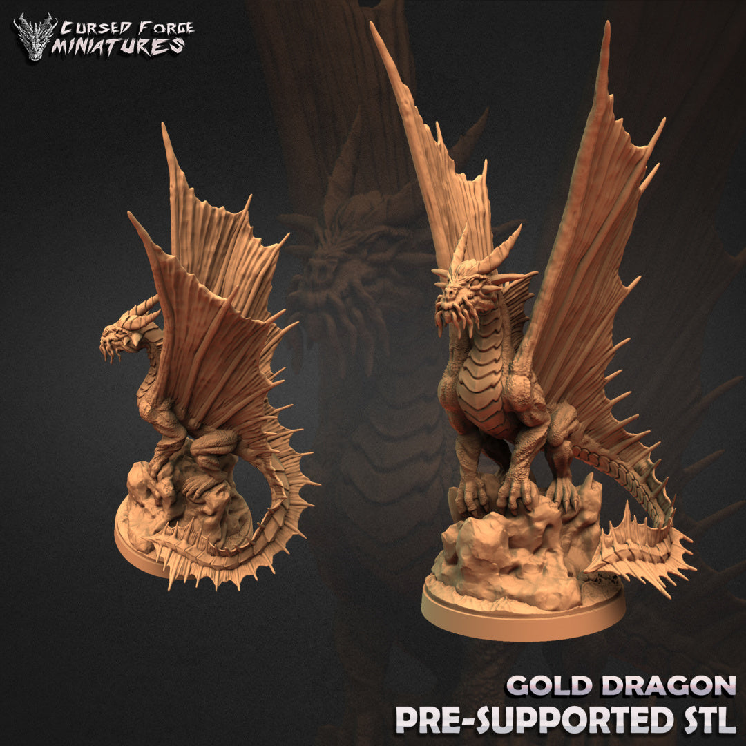 Adult Gold Dragon - RPG Miniatures - by Cursed Forge - Tabletop RPG Miniature - Roleplaying 3D Printed Fantasy Mini