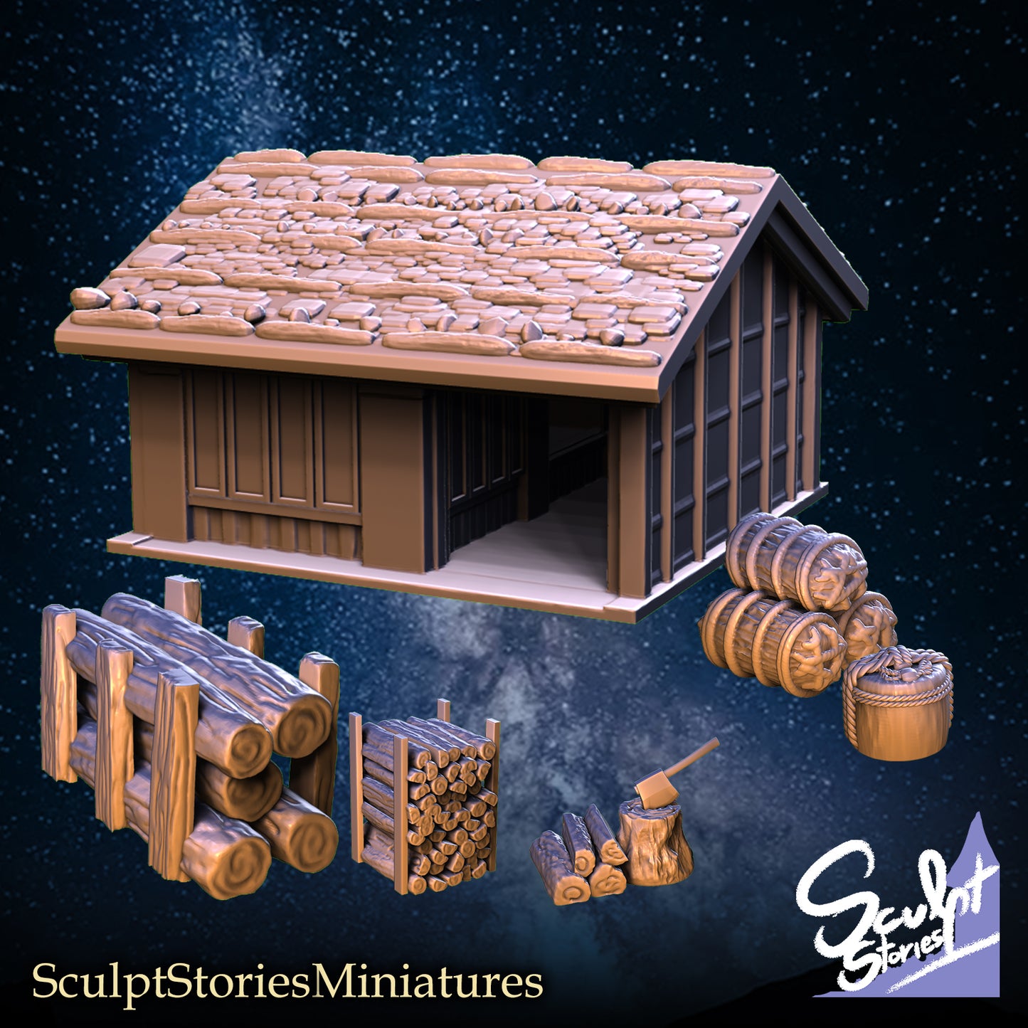 Barn House with Props - Terrain - by Village Hope Miniatures - Tabletop RPG Miniature - Roleplaying 3D Printed Fantasy Mini