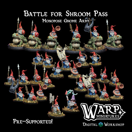 Battle for Shroom Pass - Monopose Gnome Army - Dungeons and Dragons - by Warp Minis- Tabletop RPG Miniature - Roleplaying 3D Printed Fantasy Mini