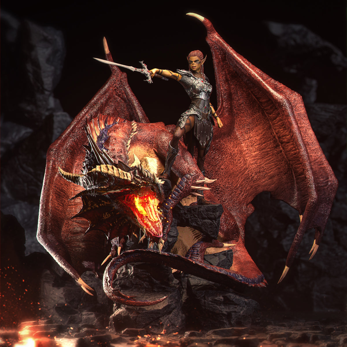 Lae’zel and her Dragon Diorama(75mm to 500mm) - Unassembled/Unpainted/3D Print