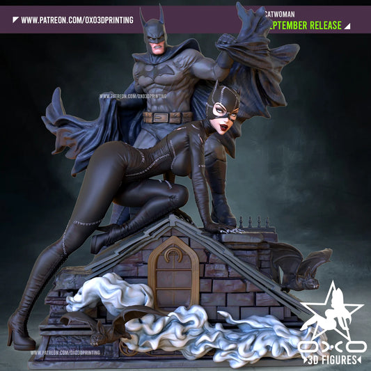 Catwoman and Batman Diorama - by OXO3D Figures - Tabletop RPG Miniature - Roleplaying 3D Printed Fantasy Mini