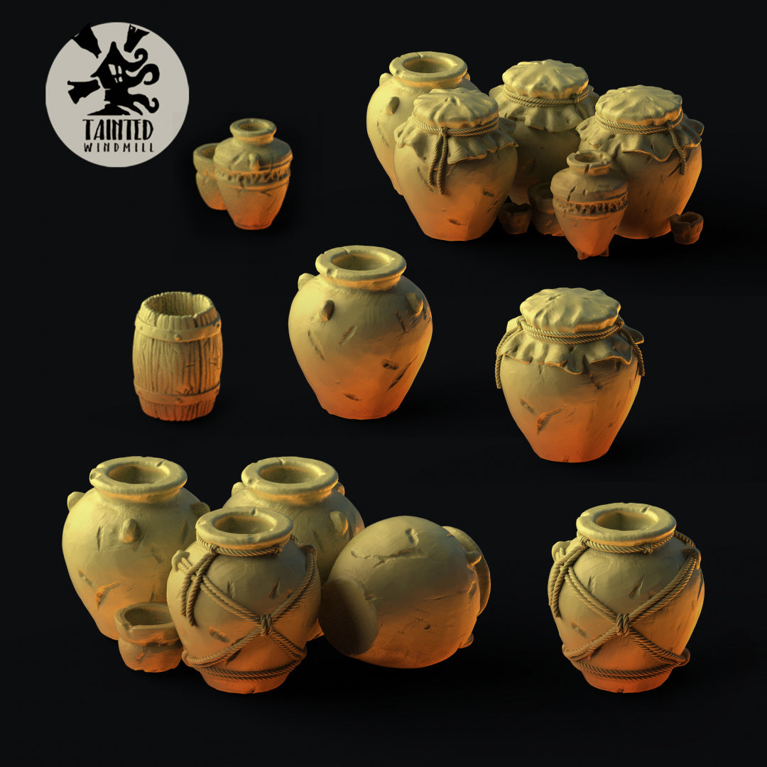 Clay Pots - Scatter Terrain - Dungeons and Dragons - by Tainted Windmill - Tabletop RPG Miniature - Roleplaying 3D Printed Fantasy Mini