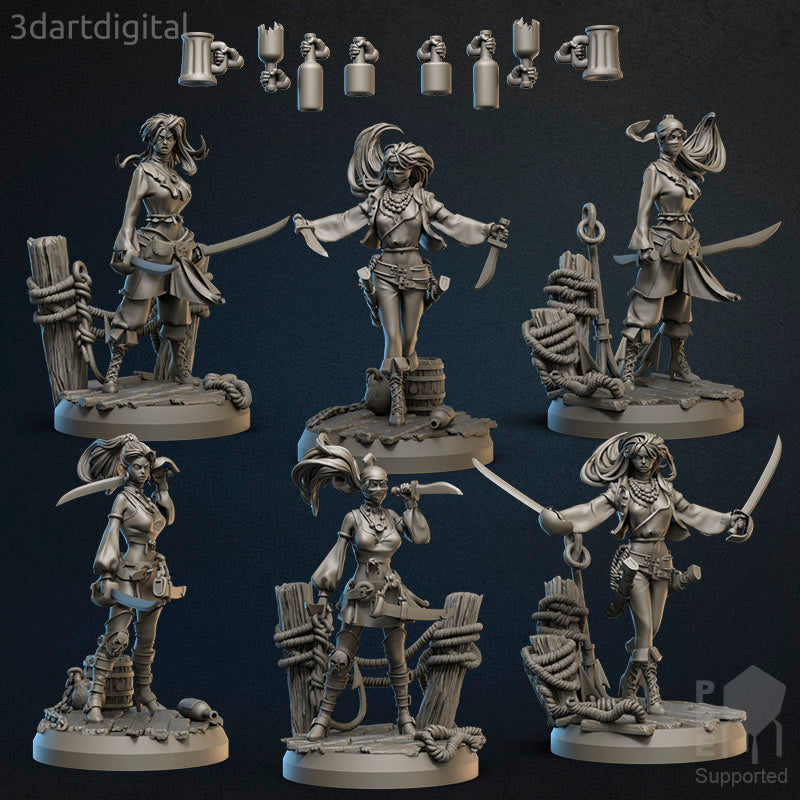 Crewmembers Female - Pirates - by 3dartDigital - Tabletop RPG Miniature - Roleplaying 3D Printed Fantasy Mini