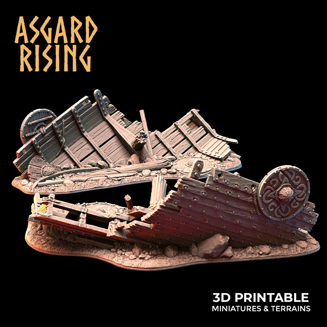 Drakkar Snekkar Wreck - Dungeons and Dragons - by Asgardian Rising - Tabletop RPG Miniature - Roleplaying 3D Printed Fantasy Mini