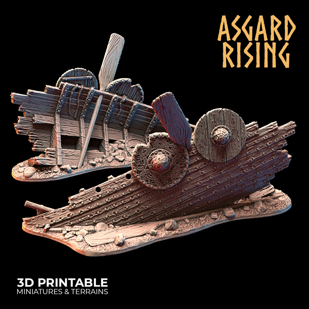 Drakkar Snekkar Wreck - Dungeons and Dragons - by Asgardian Rising - Tabletop RPG Miniature - Roleplaying 3D Printed Fantasy Mini