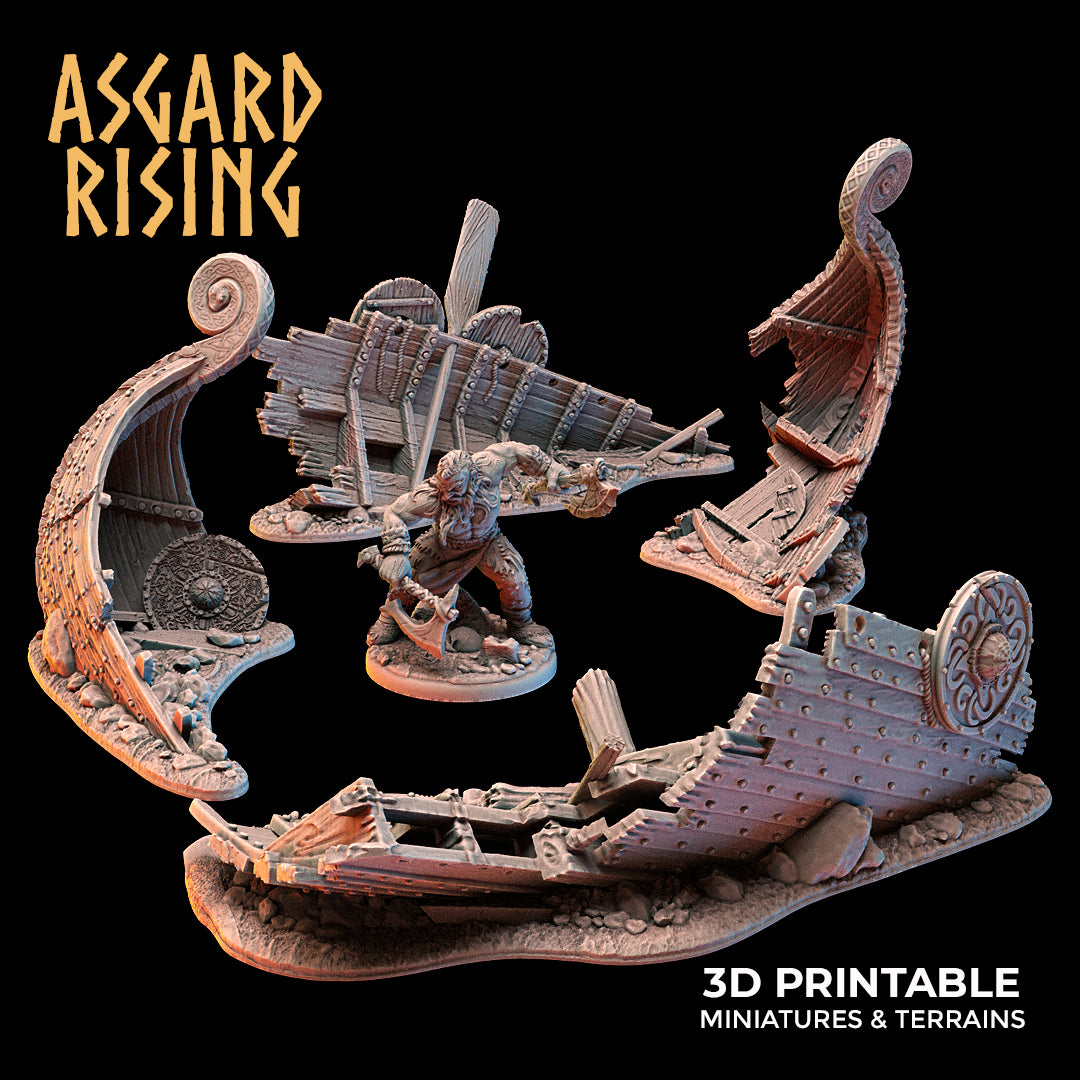 Drakkar Snekkar Wreck - Dungeons and Dragons - by Asgardian Rising - Tabletop RPG Miniature - Roleplaying 3D Printed Fantasy Mini