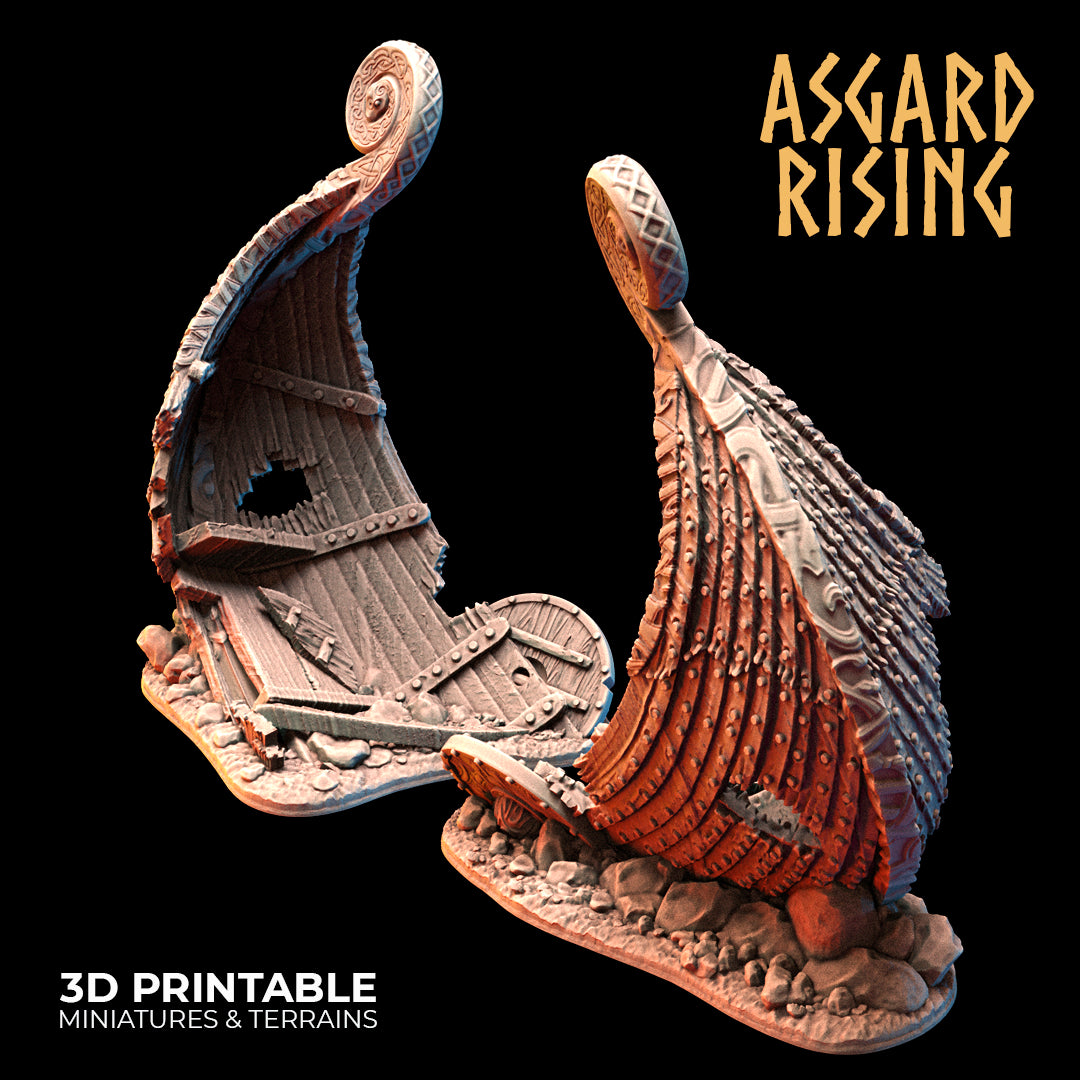 Drakkar Snekkar Wreck - Dungeons and Dragons - by Asgardian Rising - Tabletop RPG Miniature - Roleplaying 3D Printed Fantasy Mini