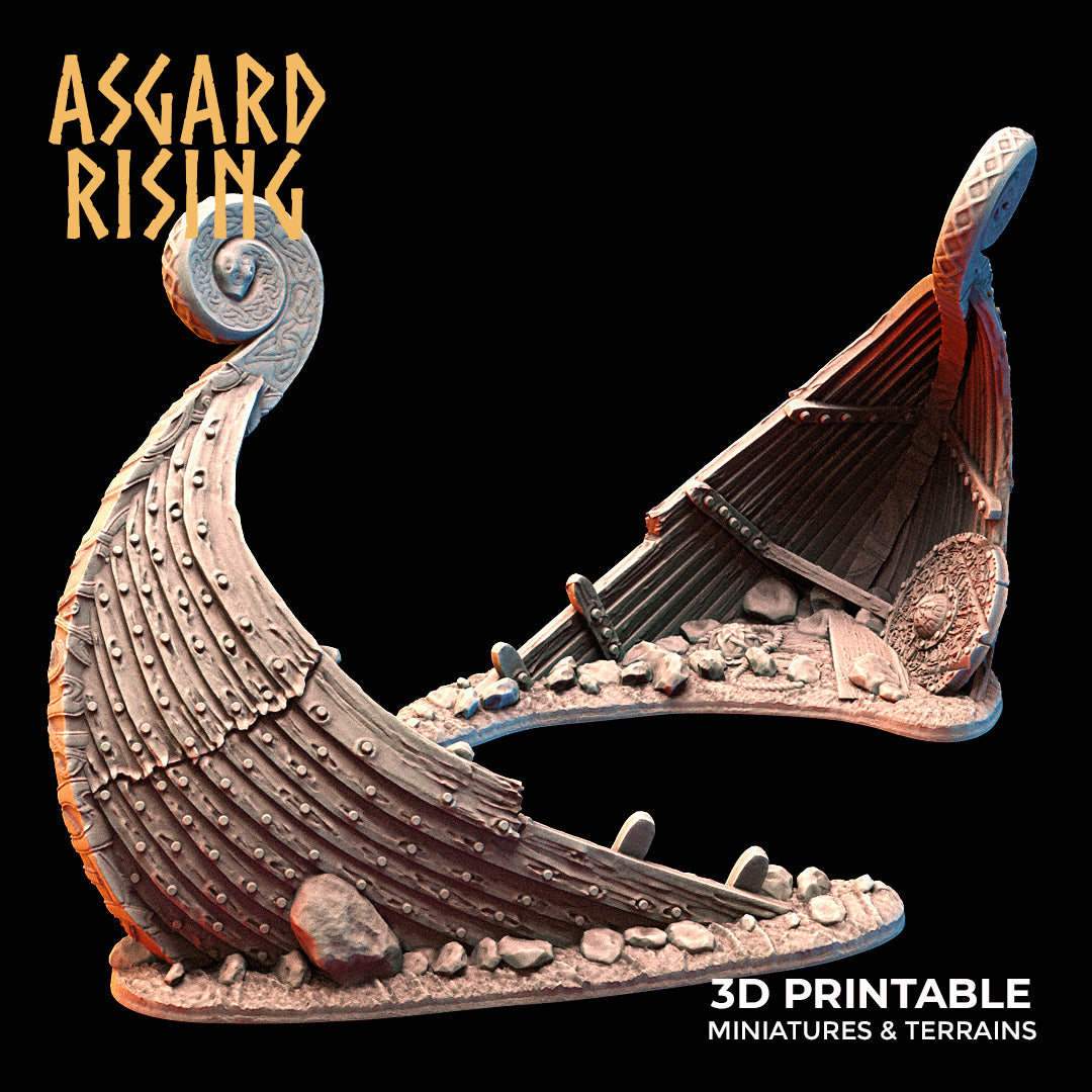 Drakkar Snekkar Wreck - Dungeons and Dragons - by Asgardian Rising - Tabletop RPG Miniature - Roleplaying 3D Printed Fantasy Mini