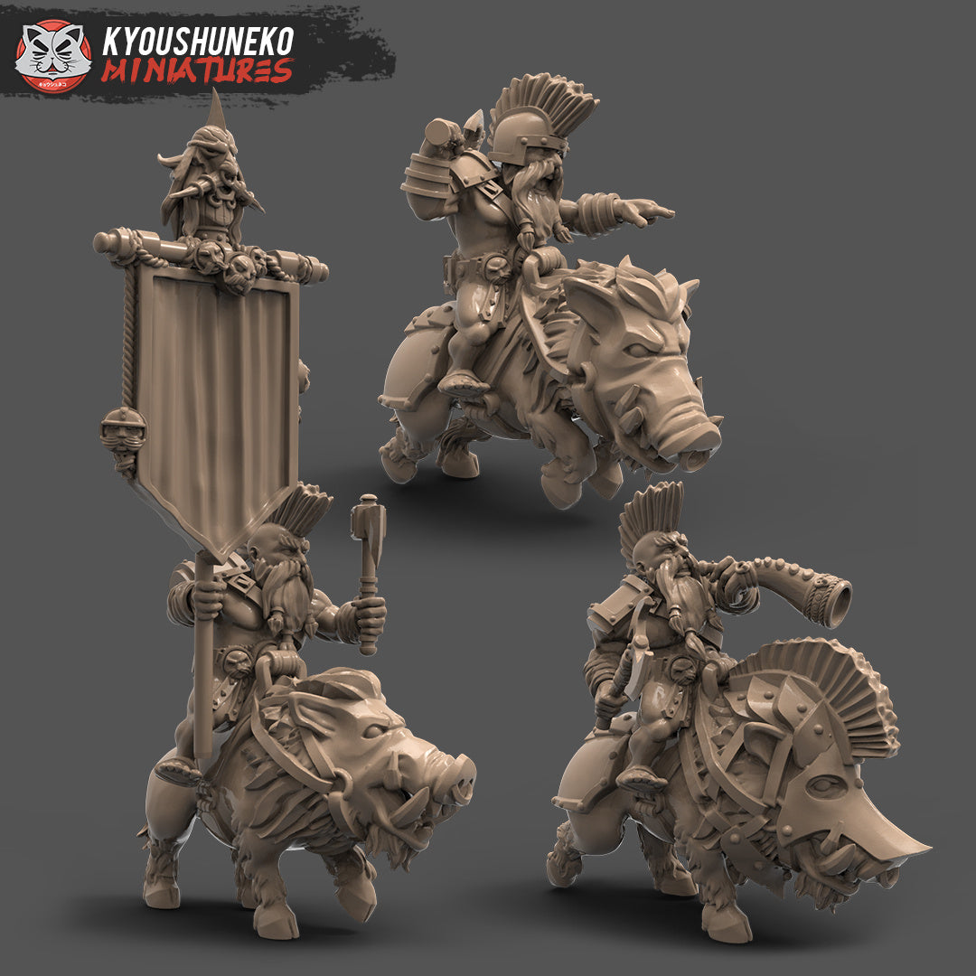 Dwarf Mounted Slayer Command Group - Lord of the Rings/The Hobbit/ Dungeons and Dragons - by Kyoushuneko Miniatures - Tabletop RPG Miniature - Roleplaying 3D Printed Fantasy Mini