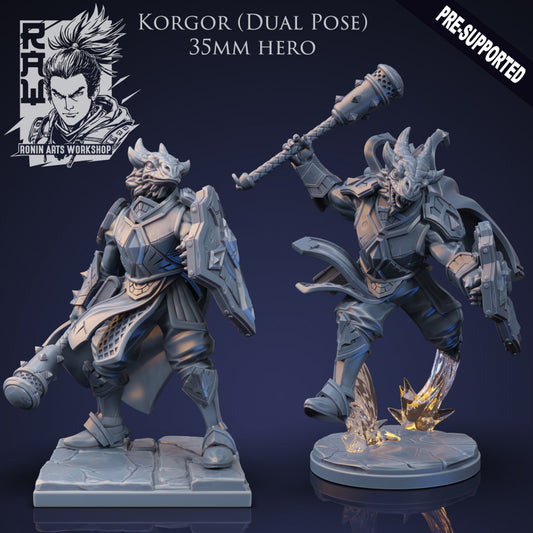 Korgor The Paladin - Idle and Action Pose - by RAW - Tabletop RPG Miniature - Roleplaying 3D Printed Fantasy Mini