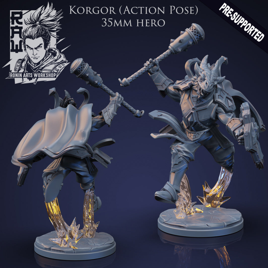 Korgor The Paladin - Idle and Action Pose - by RAW - Tabletop RPG Miniature - Roleplaying 3D Printed Fantasy Mini