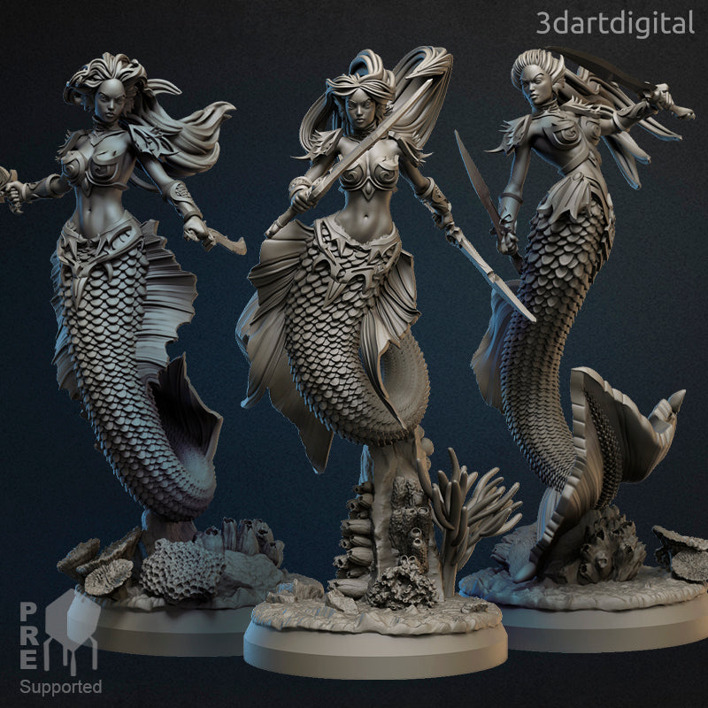 Merfolk Warriors Female - by 3dartDigital - Tabletop RPG Miniature - Roleplaying 3D Printed Fantasy Mini