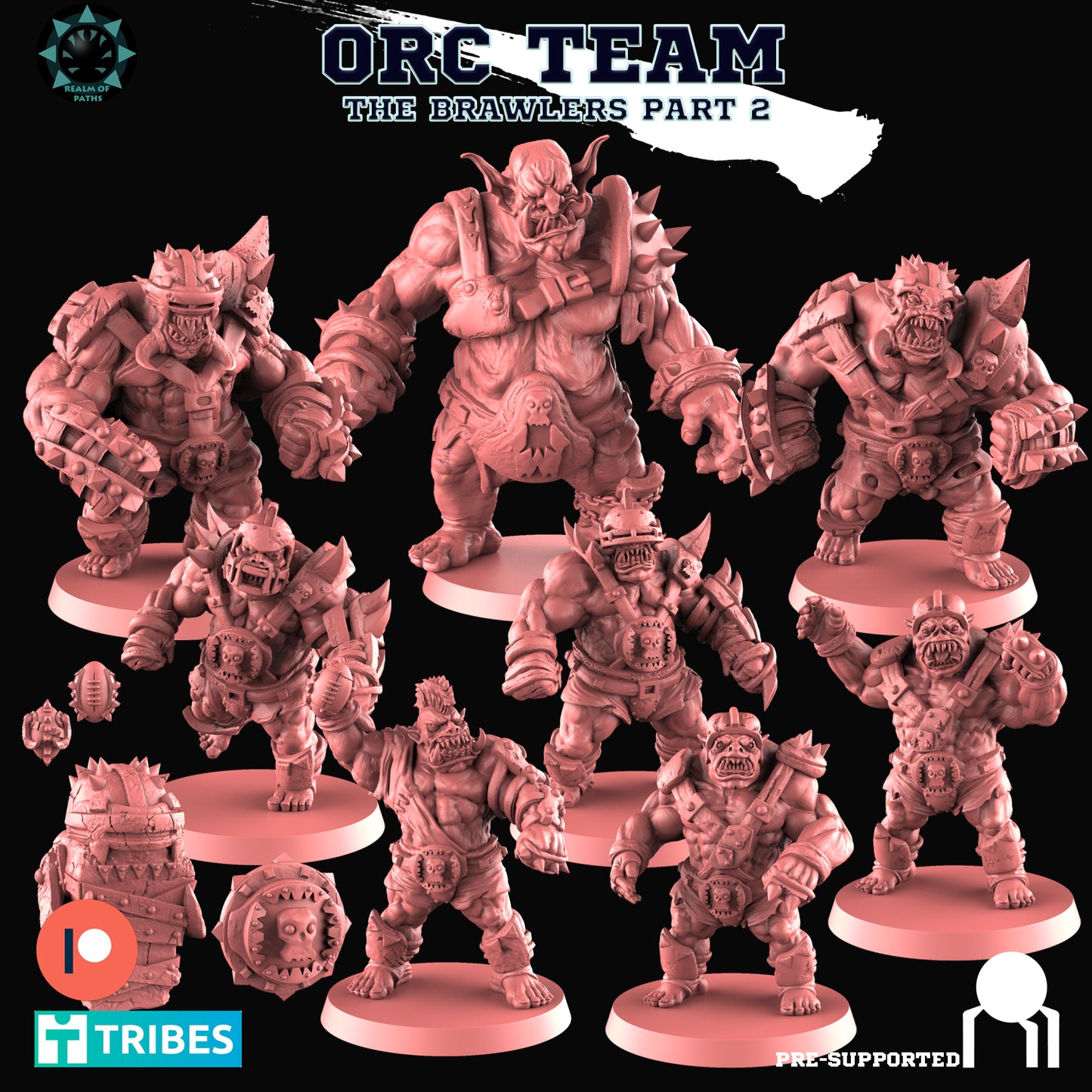 Orc Team Part1 - The Brawler's - Fantasy Football - Compatible with Bloodbowl - by Realm of Paths - Tabletop RPG Miniature - Roleplaying 3D Printed Fantasy Mini