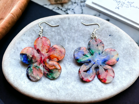 Rainbow Large Flower Earring - Handmade Earrings - Rainbow Marble Earrings - Clay Earrings - Polymer Clay Earrings