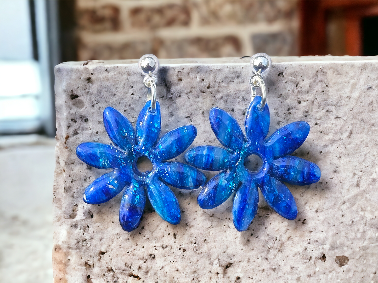 Beautiful Flower Handmade Earrings - Blue and Silver Marble Earrings - Clay Earrings - Polymer Clay Earrings