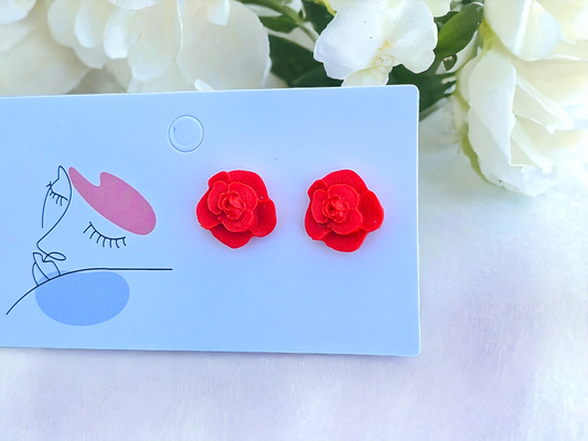 Small Red Flower Stud Earrings - Handmade Earrings - Polymer Clay Earrings