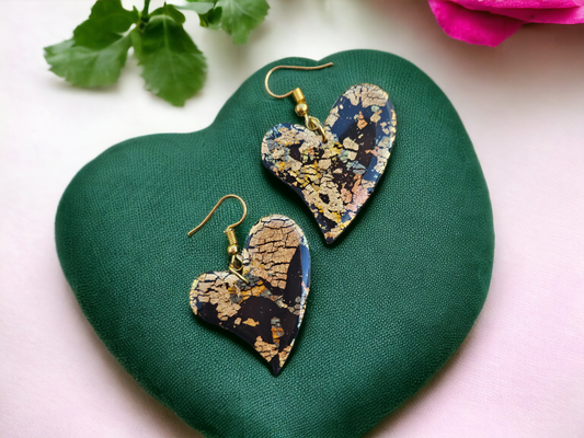 Gold Black Elegant Heart Earrings - Handmade Earrings - Polymer Clay Earrings