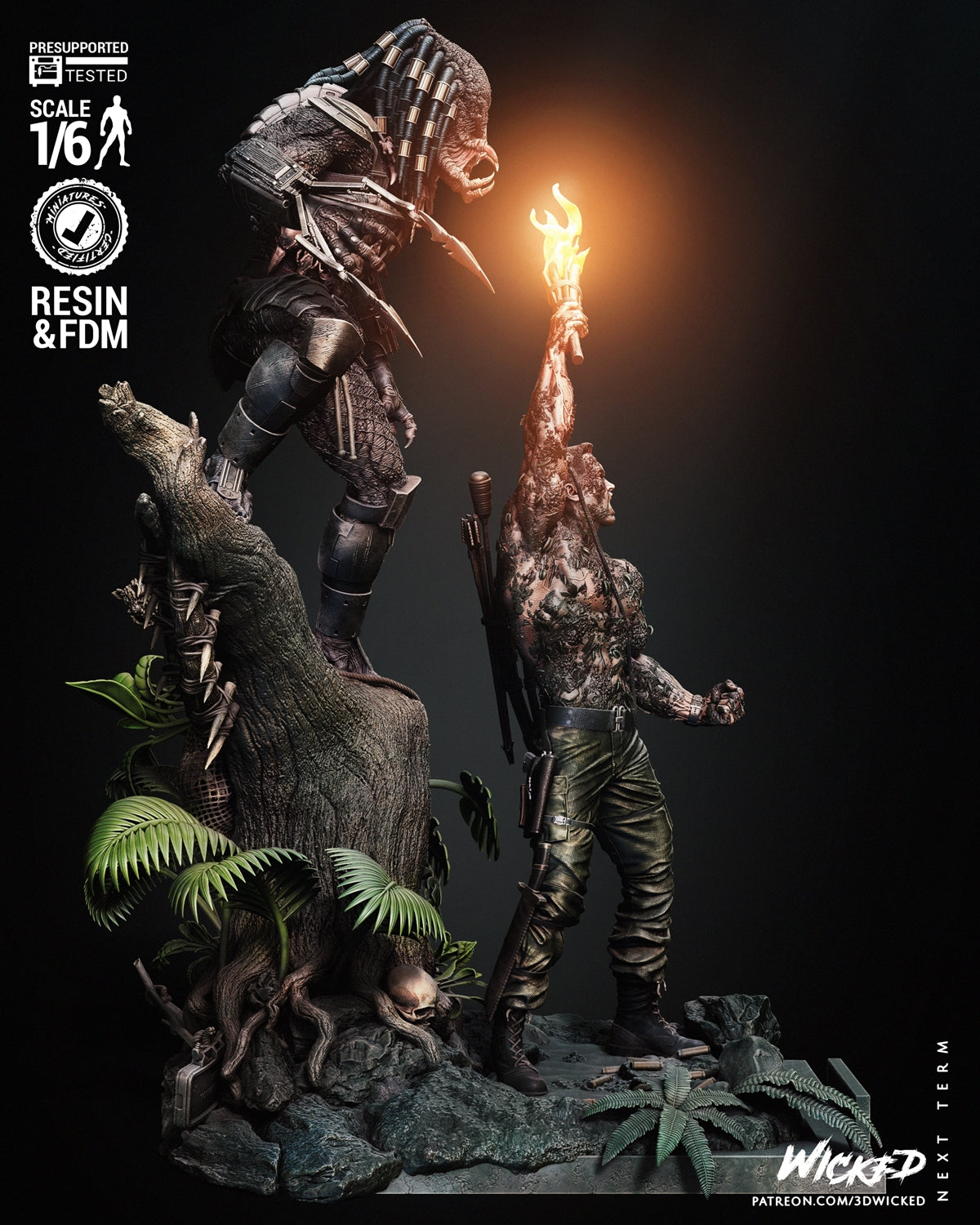 Dutch vs Predator Diorama- by Wicked 3D- Tabletop RPG Miniature - Roleplaying 3D Printed Fantasy Mini