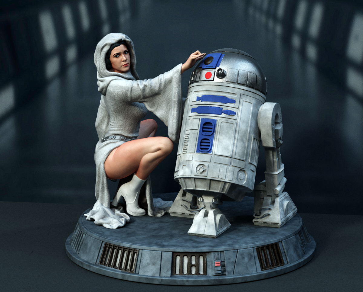 Princess Leia and R2D2 Sculpture (75mm to 500mm) - Unassembled/Unpainted/3D Print